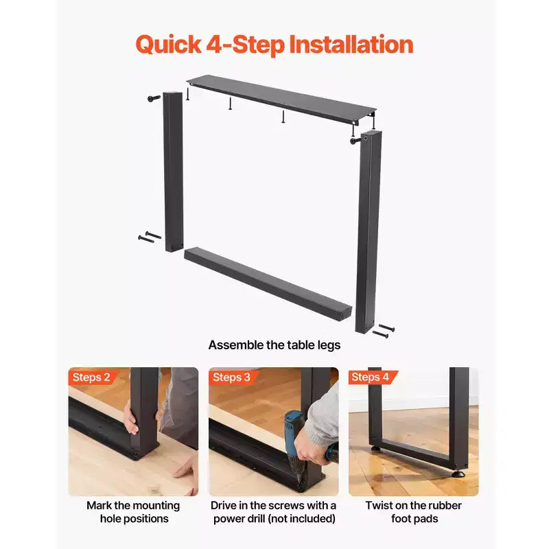 VEVOR Table Legs, 29.5 H x 35.4 W Square Steel Furniture Legs, Modular Design, Easy Assembly, 2204 lbs Max Load Heavy Duty,Set of 2, Black