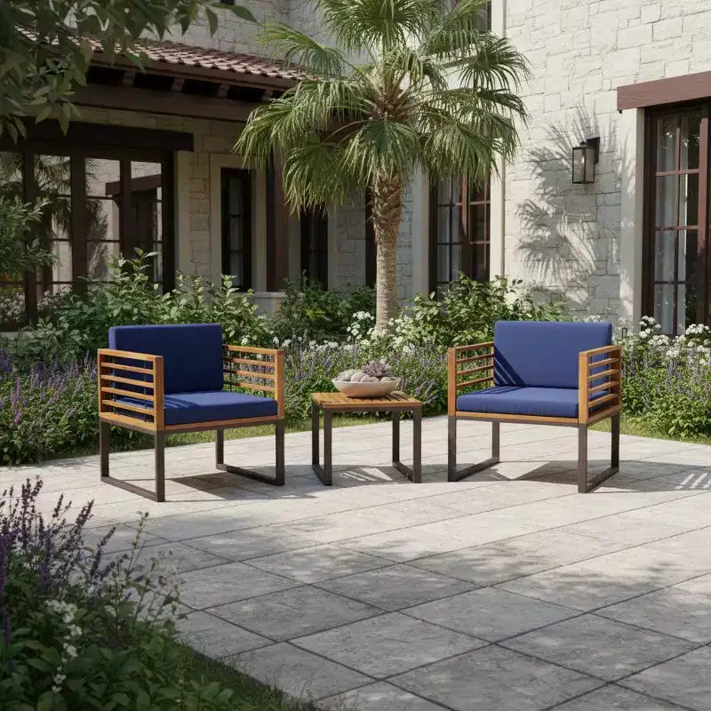Gymax 3PCS Outdoor Acacia Wood Bistro Set w/ Cushioned Chairs Coffee Table for Patios Balconies Decks Gardens