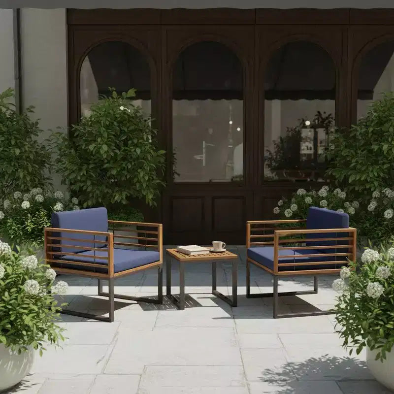 Gymax 3PCS Outdoor Acacia Wood Bistro Set w/ Cushioned Chairs Coffee Table for Patios Balconies Decks Gardens