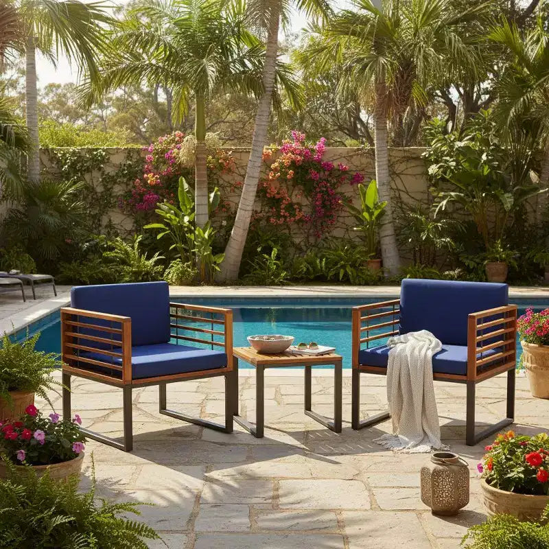 Gymax 3PCS Outdoor Acacia Wood Bistro Set w/ Cushioned Chairs Coffee Table for Patios Balconies Decks Gardens