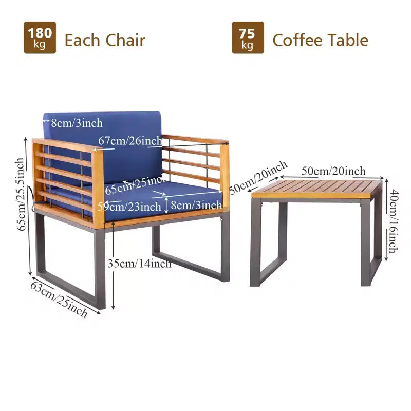 Gymax 3PCS Outdoor Acacia Wood Bistro Set w/ Cushioned Chairs Coffee Table for Patios Balconies Decks Gardens