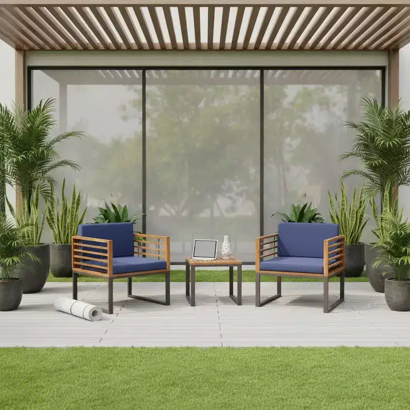 Gymax 3PCS Outdoor Acacia Wood Bistro Set w/ Cushioned Chairs Coffee Table for Patios Balconies Decks Gardens