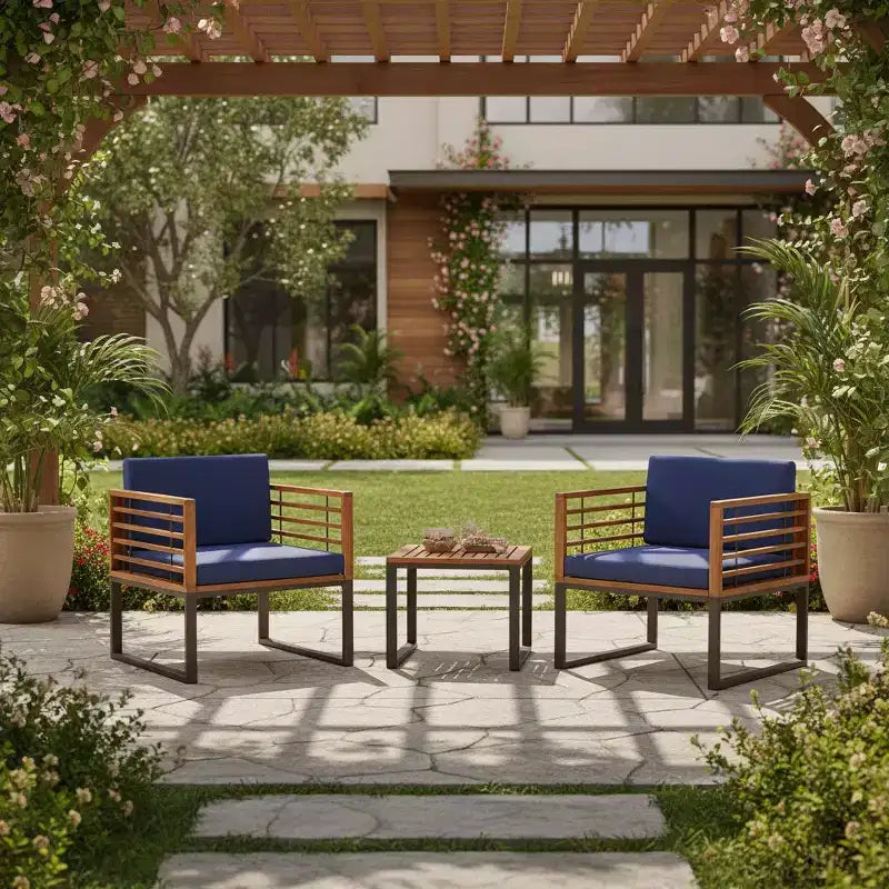 Gymax 3PCS Outdoor Acacia Wood Bistro Set w/ Cushioned Chairs Coffee Table for Patios Balconies Decks Gardens