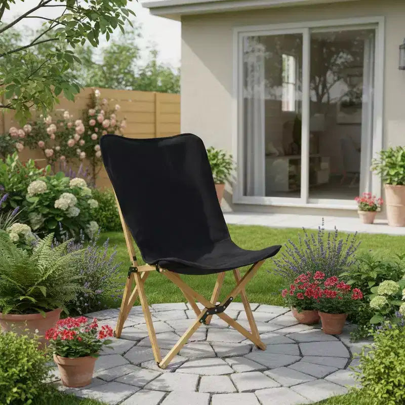 Gymax 2PC Bamboo Folding Butterfly Chairs w/ Breathable Canvas Storage Pocket 330 lbs Load Capacity Beige/Black