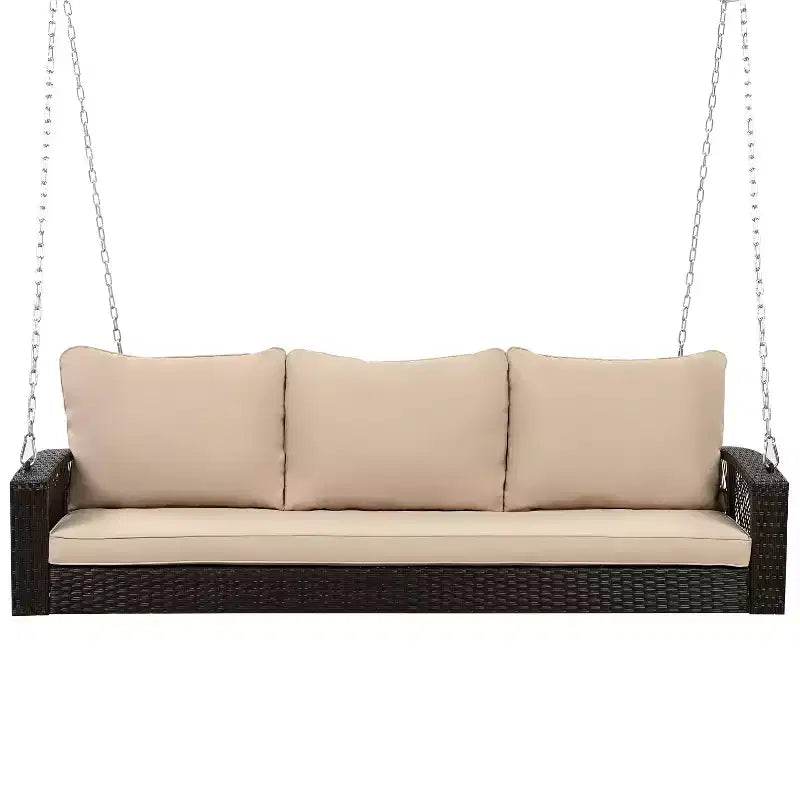 69-Inch PE Wicker 3-Person Porch Swing with Cushions and Durable Weave for Outdoor Use