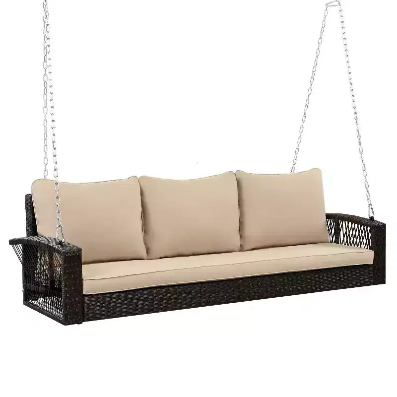 69-Inch PE Wicker 3-Person Porch Swing with Cushions and Durable Weave for Outdoor Use