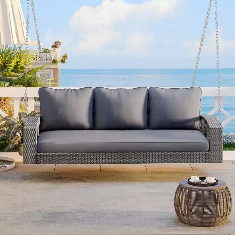 69-Inch PE Wicker 3-Person Porch Swing with Cushions and Durable Weave for Outdoor Use