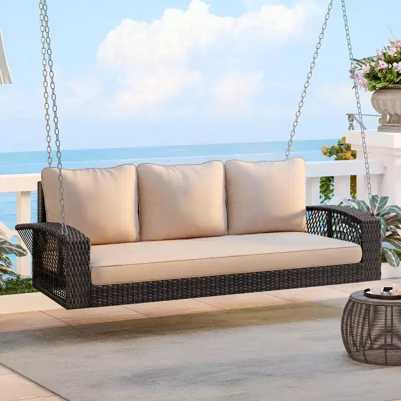 69-Inch PE Wicker 3-Person Porch Swing with Cushions and Durable Weave for Outdoor Use