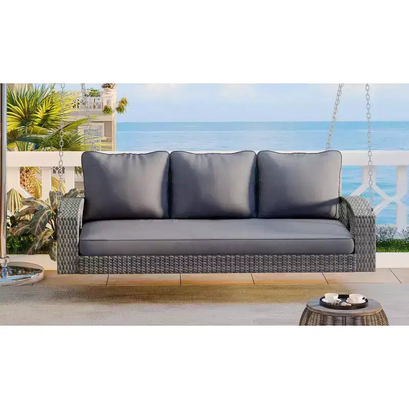 69-Inch PE Wicker 3-Person Porch Swing with Cushions and Durable Weave for Outdoor Use