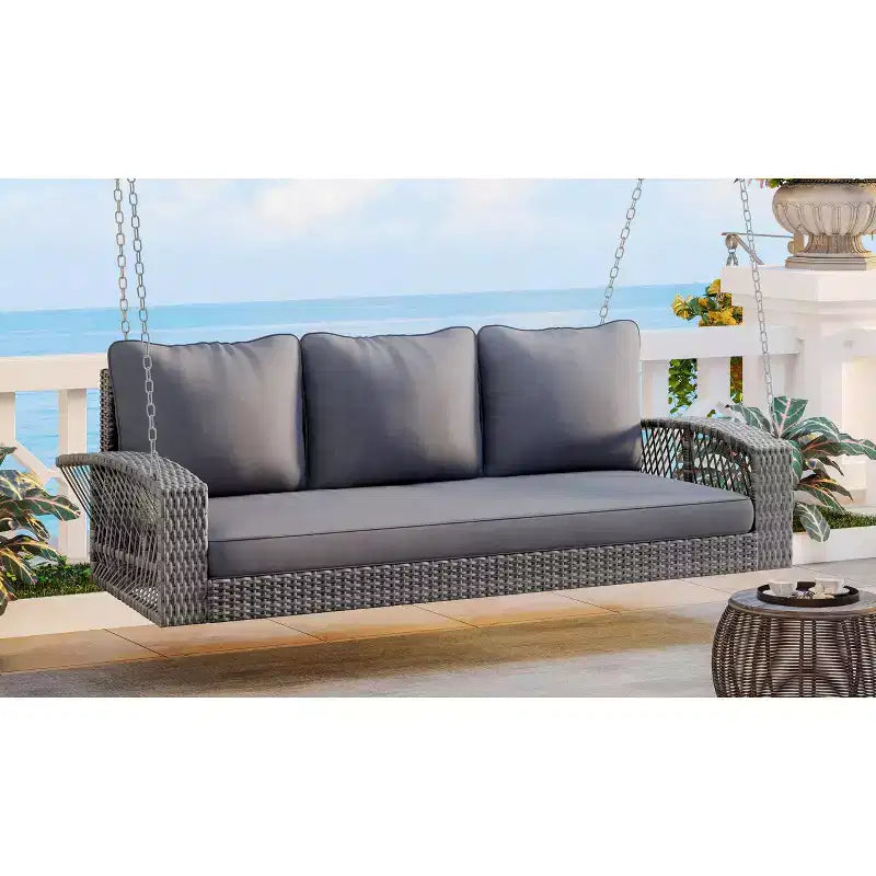 69-Inch PE Wicker 3-Person Porch Swing with Cushions and Durable Weave for Outdoor Use
