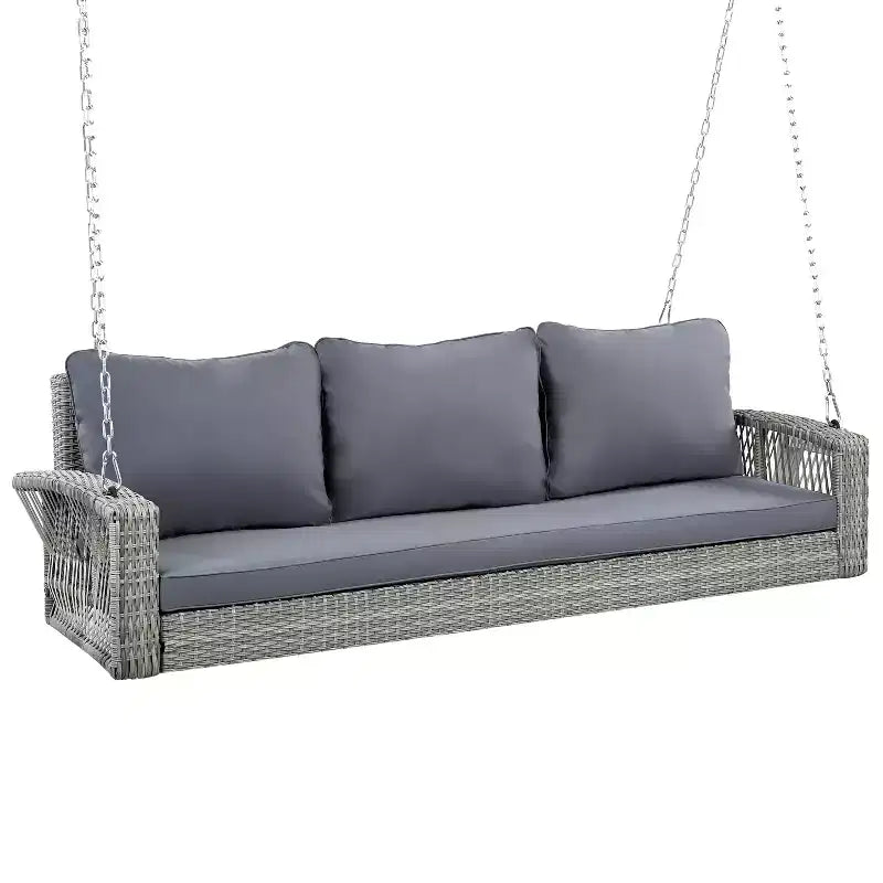69-Inch PE Wicker 3-Person Porch Swing with Cushions and Durable Weave for Outdoor Use