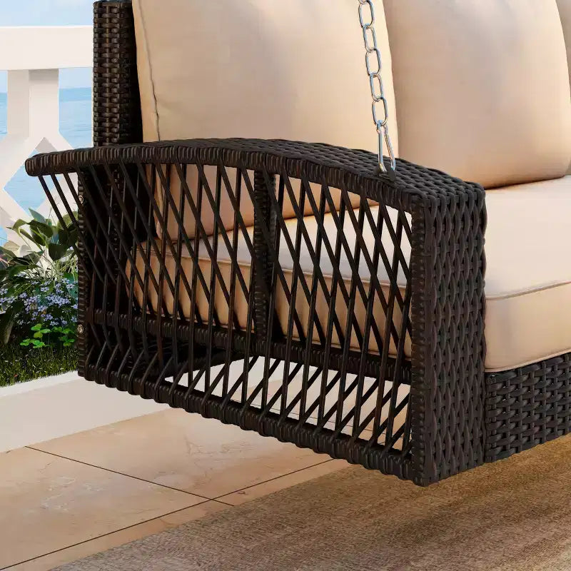 69-Inch PE Wicker 3-Person Porch Swing with Cushions and Durable Weave for Outdoor Use