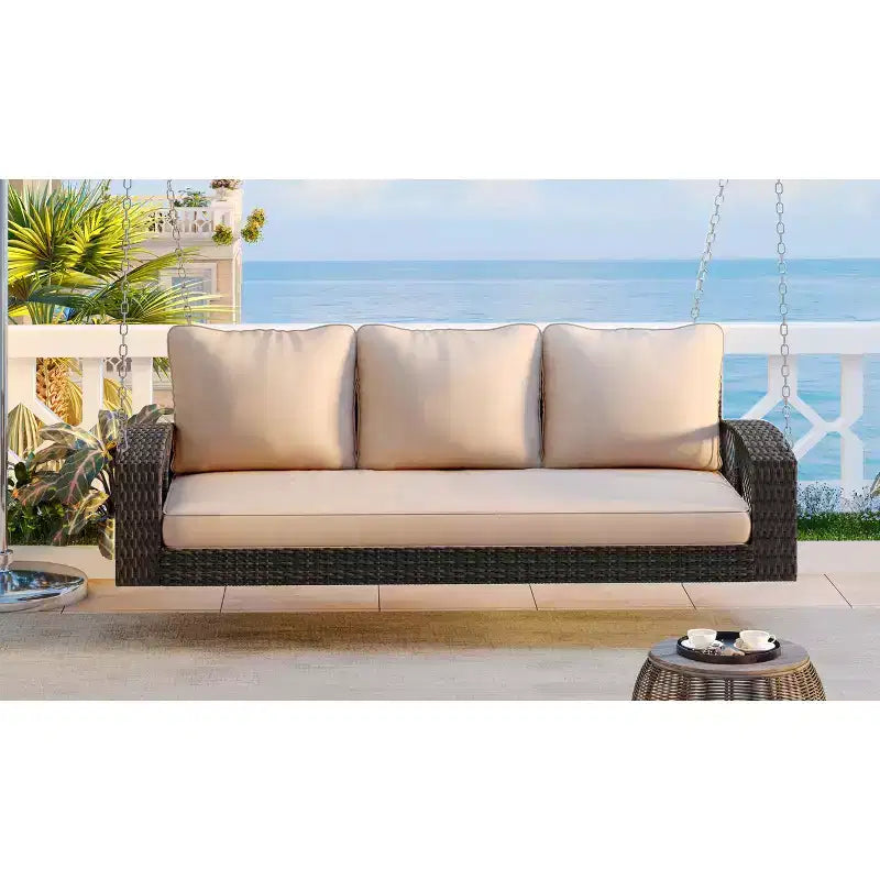69-Inch PE Wicker 3-Person Porch Swing with Cushions and Durable Weave for Outdoor Use