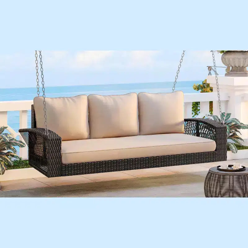 69-Inch PE Wicker 3-Person Porch Swing with Cushions and Durable Weave for Outdoor Use