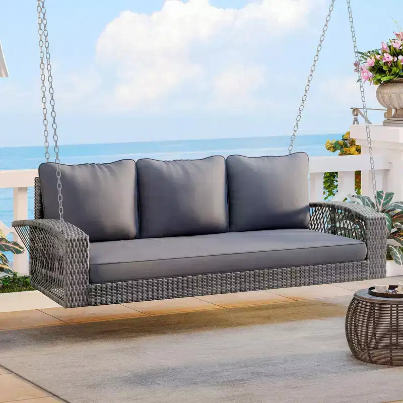69-Inch PE Wicker 3-Person Porch Swing with Cushions and Durable Weave for Outdoor Use