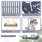 Twin Size Porch Swing Bed with Acacia Wood Frame and Hemp Ropes for Garden and Backyard