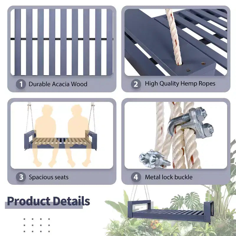 Twin Size Porch Swing Bed with Acacia Wood Frame and Hemp Ropes for Garden and Backyard