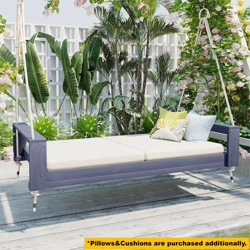 Twin Size Porch Swing Bed with Acacia Wood Frame and Hemp Ropes for Garden and Backyard