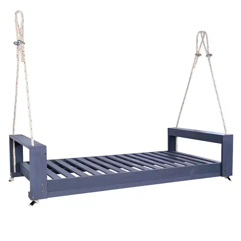 Twin Size Porch Swing Bed with Acacia Wood Frame and Hemp Ropes for Garden and Backyard
