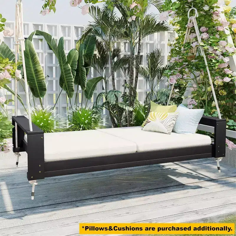 Twin Size Porch Swing Bed with Acacia Wood Frame and Hemp Ropes for Garden and Backyard
