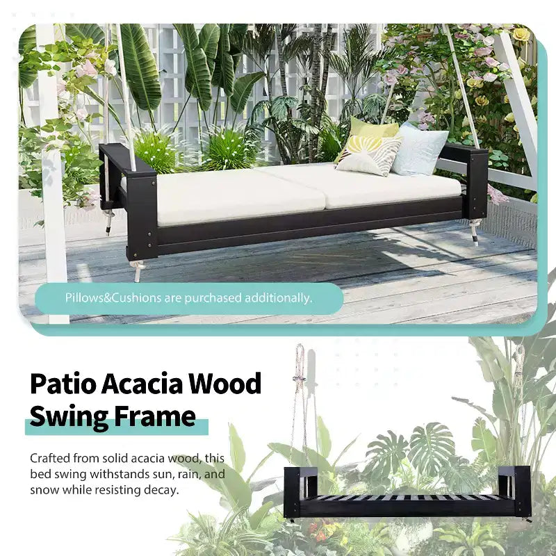 Twin Size Porch Swing Bed with Acacia Wood Frame and Hemp Ropes for Garden and Backyard
