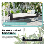 Twin Size Porch Swing Bed with Acacia Wood Frame and Hemp Ropes for Garden and Backyard