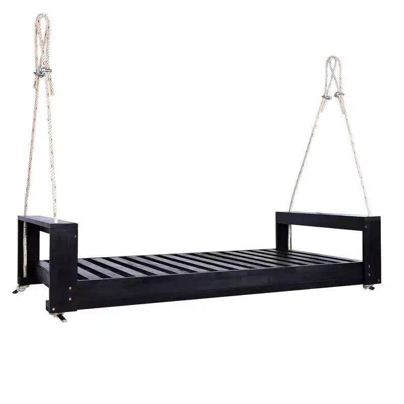 Twin Size Porch Swing Bed with Acacia Wood Frame and Hemp Ropes for Garden and Backyard