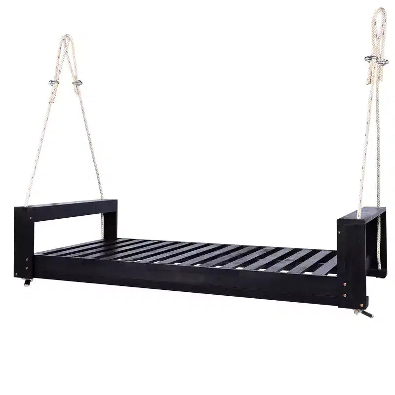 Twin Size Porch Swing Bed with Acacia Wood Frame and Hemp Ropes for Garden and Backyard