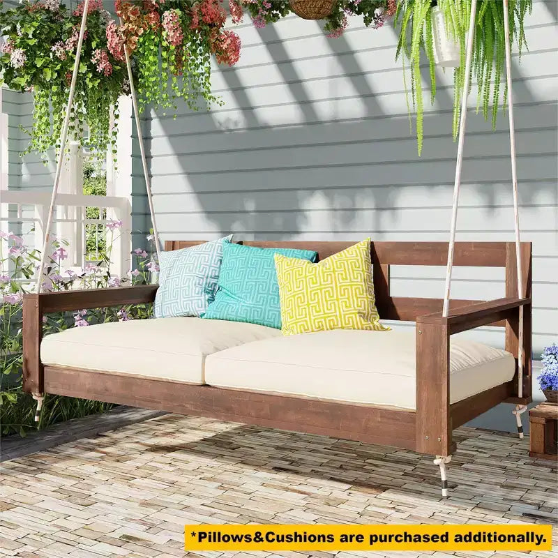 Twin Size Porch Swing Daybed Frame with Acacia Wood and Hemp Ropes for Garden and Patio