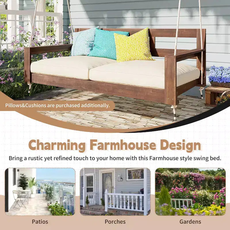 Twin Size Porch Swing Daybed Frame with Acacia Wood and Hemp Ropes for Garden and Patio