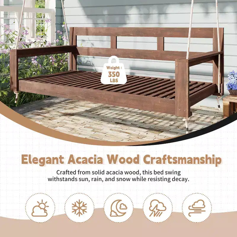 Twin Size Porch Swing Daybed Frame with Acacia Wood and Hemp Ropes for Garden and Patio