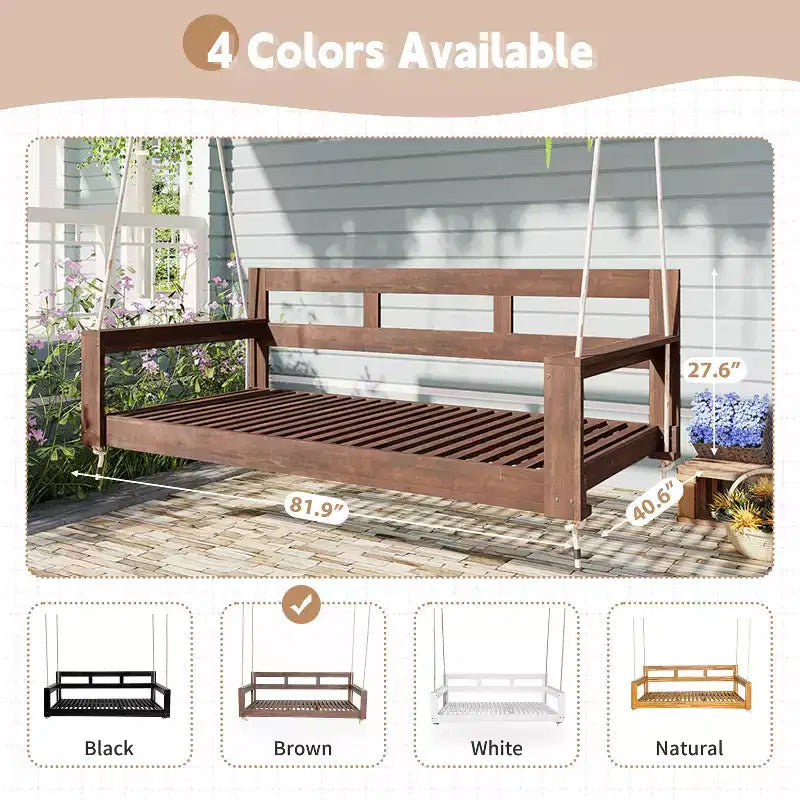 Twin Size Porch Swing Daybed Frame with Acacia Wood and Hemp Ropes for Garden and Patio