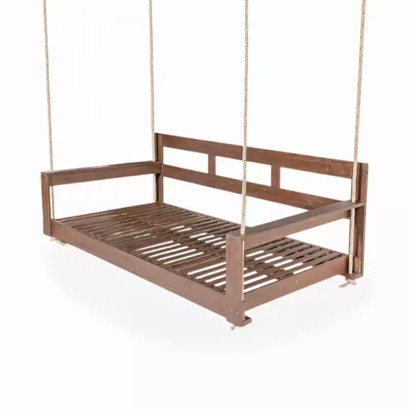 Twin Size Porch Swing Daybed Frame with Acacia Wood and Hemp Ropes for Garden and Patio