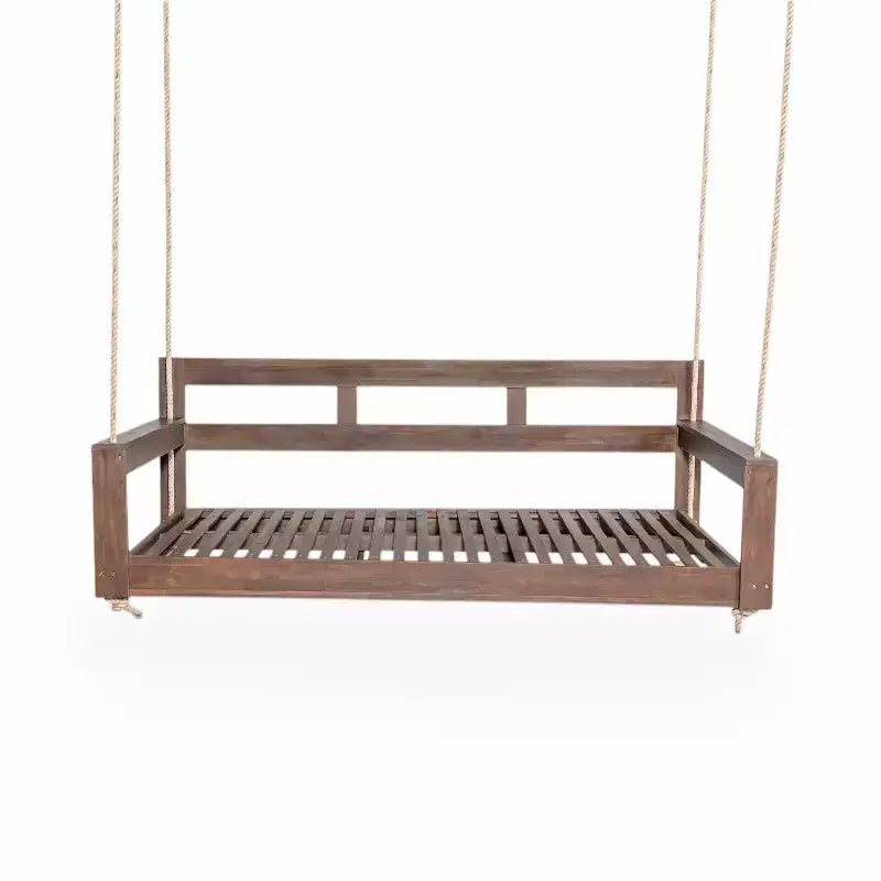 Twin Size Porch Swing Daybed Frame with Acacia Wood and Hemp Ropes for Garden and Patio