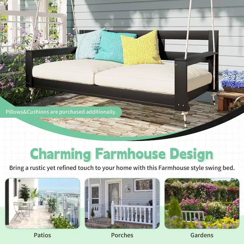 Twin Size Porch Swing Daybed Frame with Acacia Wood and Hemp Ropes for Garden and Patio
