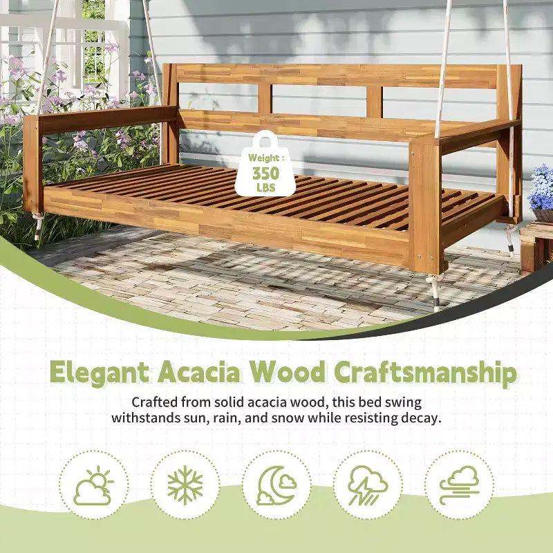 Twin Size Porch Swing Daybed Frame with Acacia Wood and Hemp Ropes for Garden and Patio