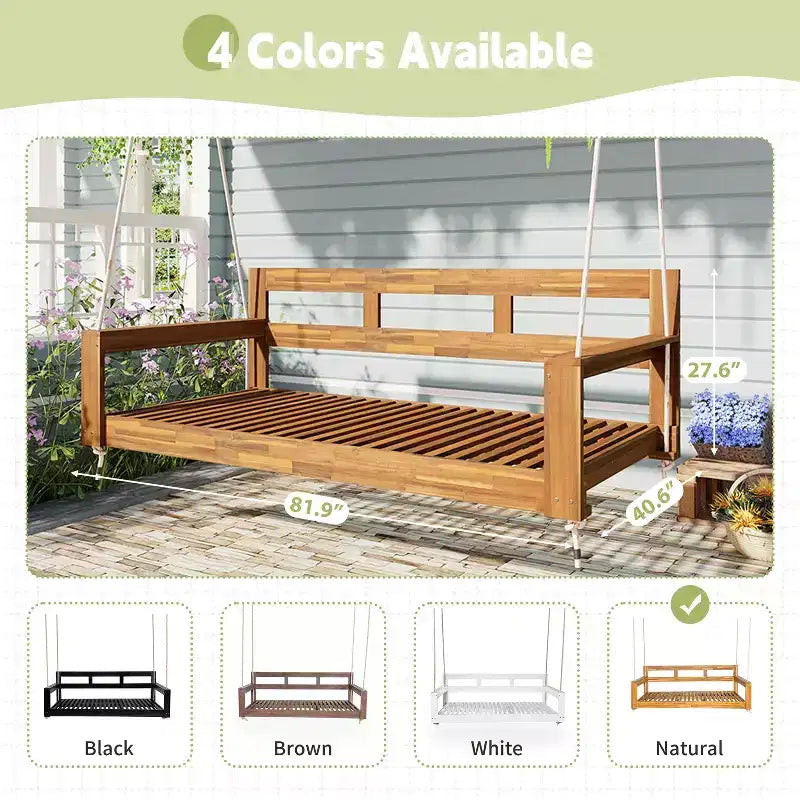 Twin Size Porch Swing Daybed Frame with Acacia Wood and Hemp Ropes for Garden and Patio