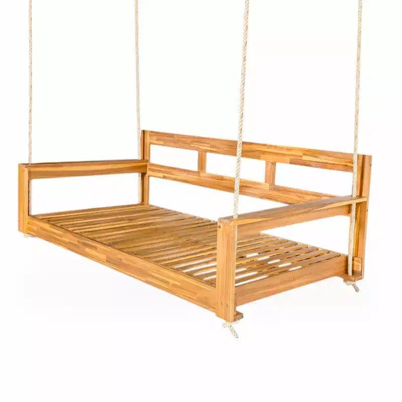 Twin Size Porch Swing Daybed Frame with Acacia Wood and Hemp Ropes for Garden and Patio