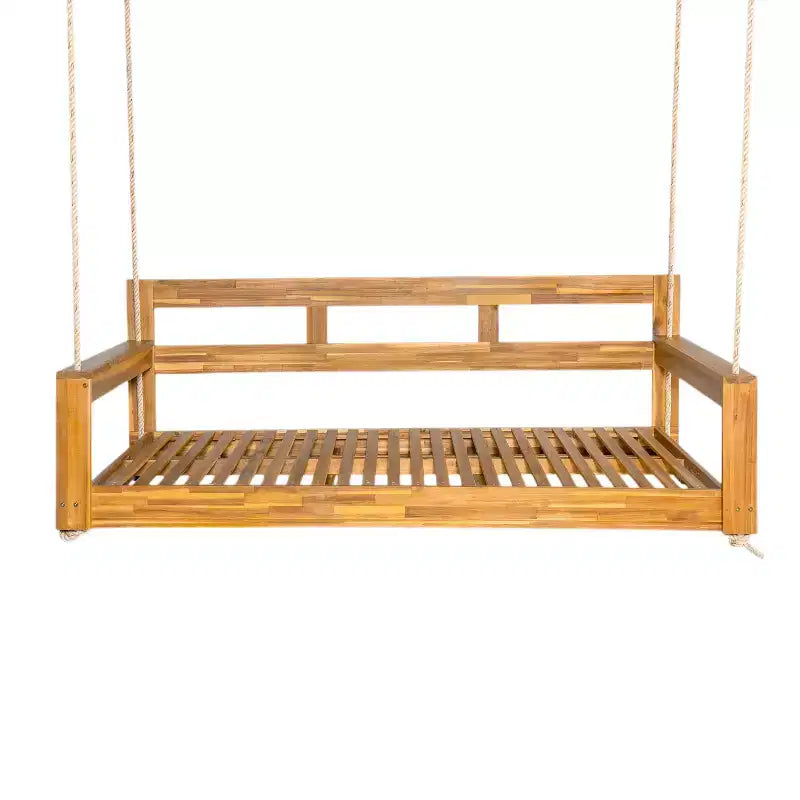 Twin Size Porch Swing Daybed Frame with Acacia Wood and Hemp Ropes for Garden and Patio