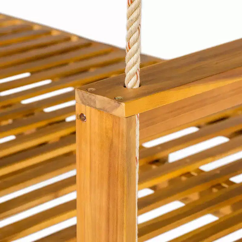 Twin Size Porch Swing Daybed Frame with Acacia Wood and Hemp Ropes for Garden and Patio