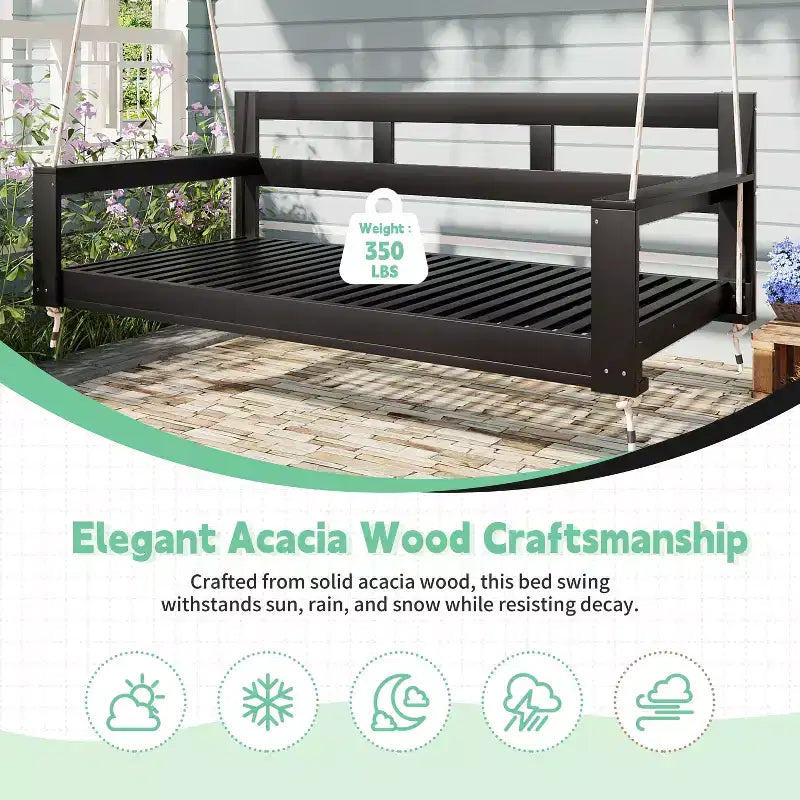 Twin Size Porch Swing Daybed Frame with Acacia Wood and Hemp Ropes for Garden and Patio