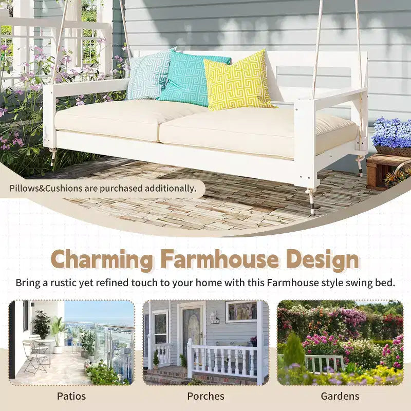 Twin Size Porch Swing Daybed Frame with Acacia Wood and Hemp Ropes for Garden and Patio