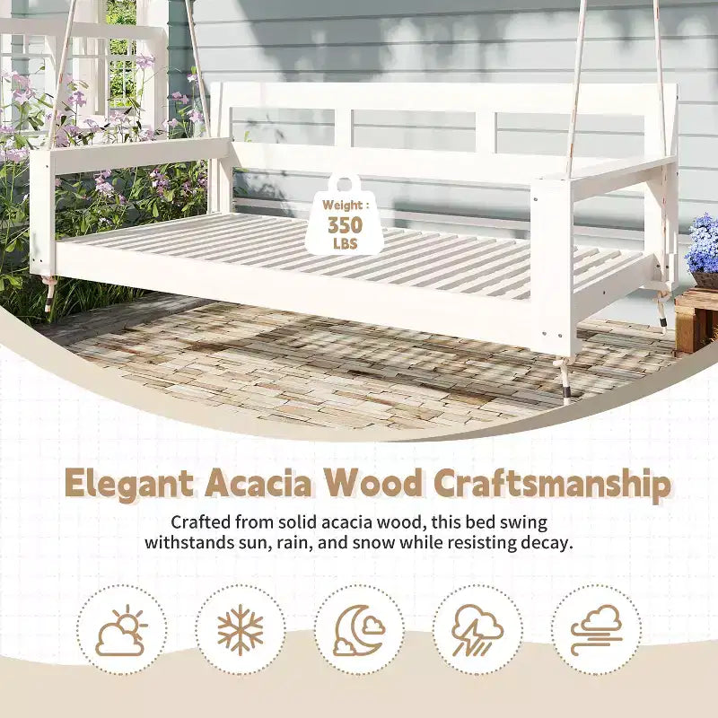 Twin Size Porch Swing Daybed Frame with Acacia Wood and Hemp Ropes for Garden and Patio