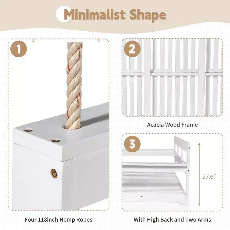 Twin Size Porch Swing Daybed Frame with Acacia Wood and Hemp Ropes for Garden and Patio