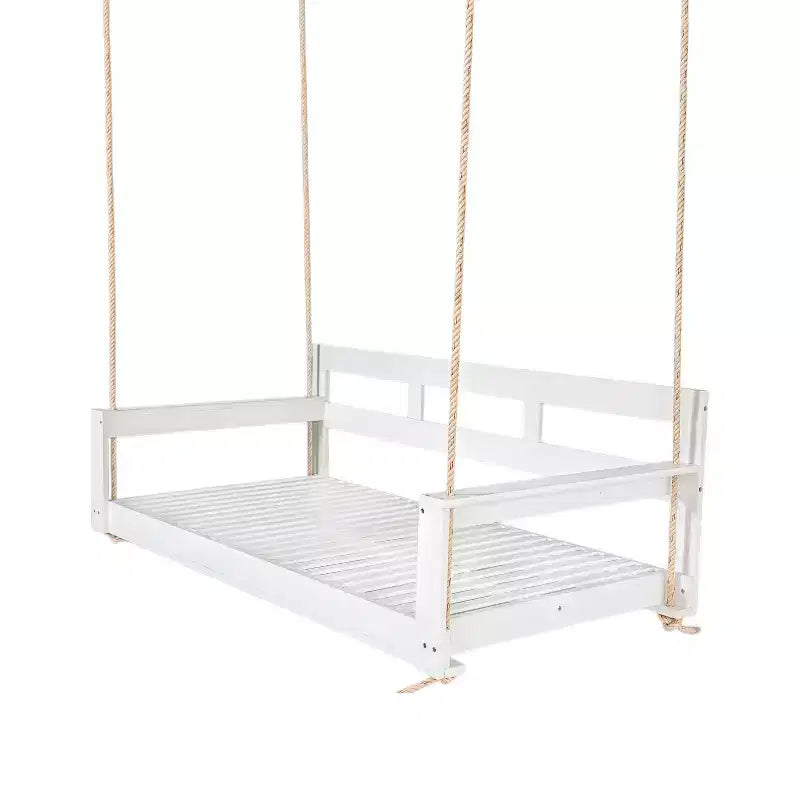 Twin Size Porch Swing Daybed Frame with Acacia Wood and Hemp Ropes for Garden and Patio