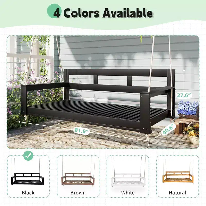 Twin Size Porch Swing Daybed Frame with Acacia Wood and Hemp Ropes for Garden and Patio