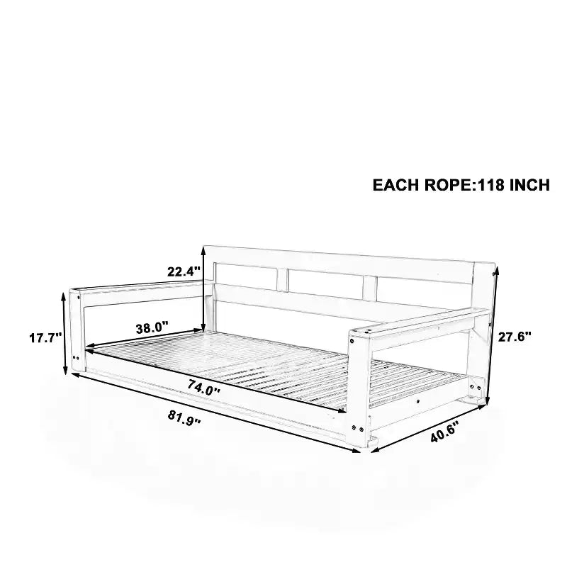 Twin Size Porch Swing Daybed Frame with Acacia Wood and Hemp Ropes for Garden and Patio