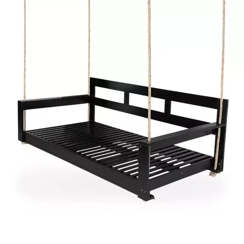 Twin Size Porch Swing Daybed Frame with Acacia Wood and Hemp Ropes for Garden and Patio