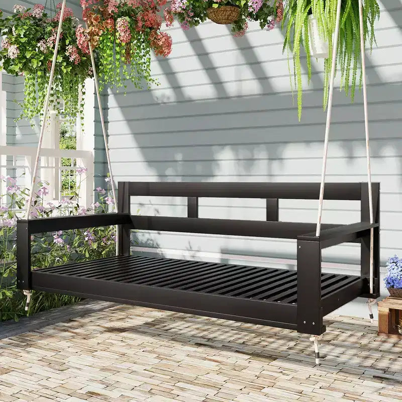 Twin Size Porch Swing Daybed Frame with Acacia Wood and Hemp Ropes for Garden and Patio