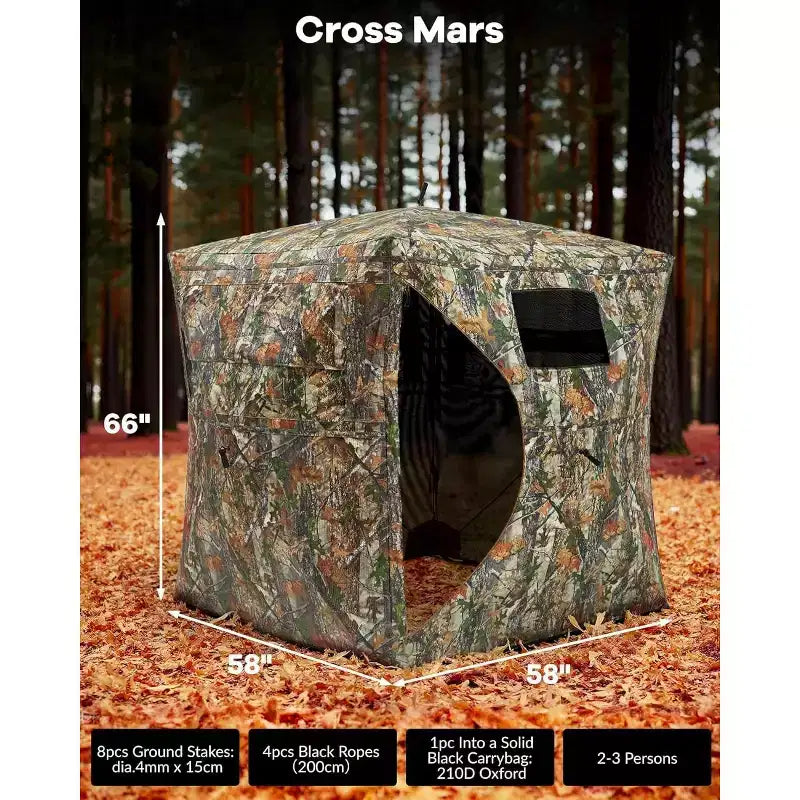 270 See Through Pop Up Ground Hunting Blind for 2-4 Person, Waterproof Camouflage Tent with Silent Magnetic Door, Portable for Deer & Turkey Hunting